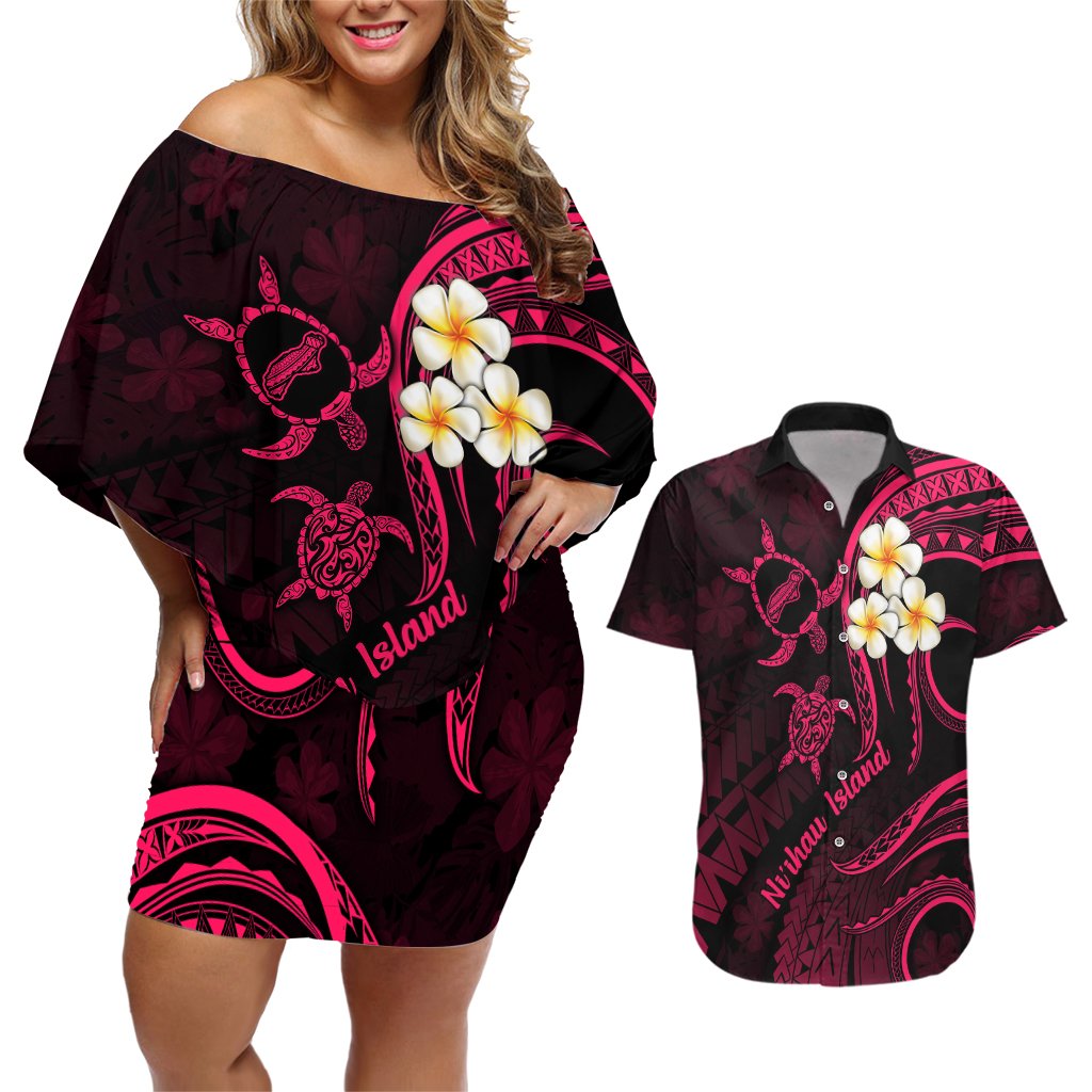 Hawaii Couples Off Shoulder Short Dress and Hawaiian Shirt Niihau Islands Polynesian Sunset Plumeria Pink Vibe LT9 Pink - Polynesian Pride