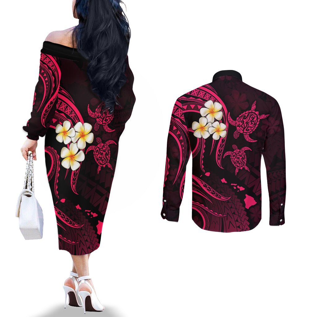 Hawaii Couples Off The Shoulder Long Sleeve Dress and Long Sleeve Button Shirts Niihau Islands Polynesian Sunset Plumeria Pink Vibe LT9 - Polynesian Pride