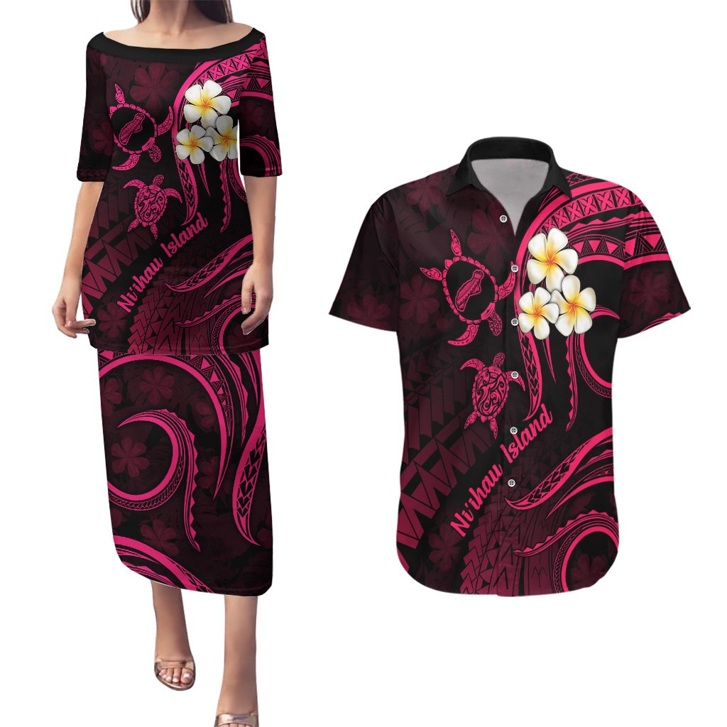 Hawaii Couples Puletasi Dress and Hawaiian Shirt Niihau Islands Polynesian Sunset Plumeria Pink Vibe LT9 Pink - Polynesian Pride