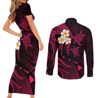 Hawaii Couples Short Sleeve Bodycon Dress and Long Sleeve Button Shirts Niihau Islands Polynesian Sunset Plumeria Pink Vibe LT9 - Polynesian Pride