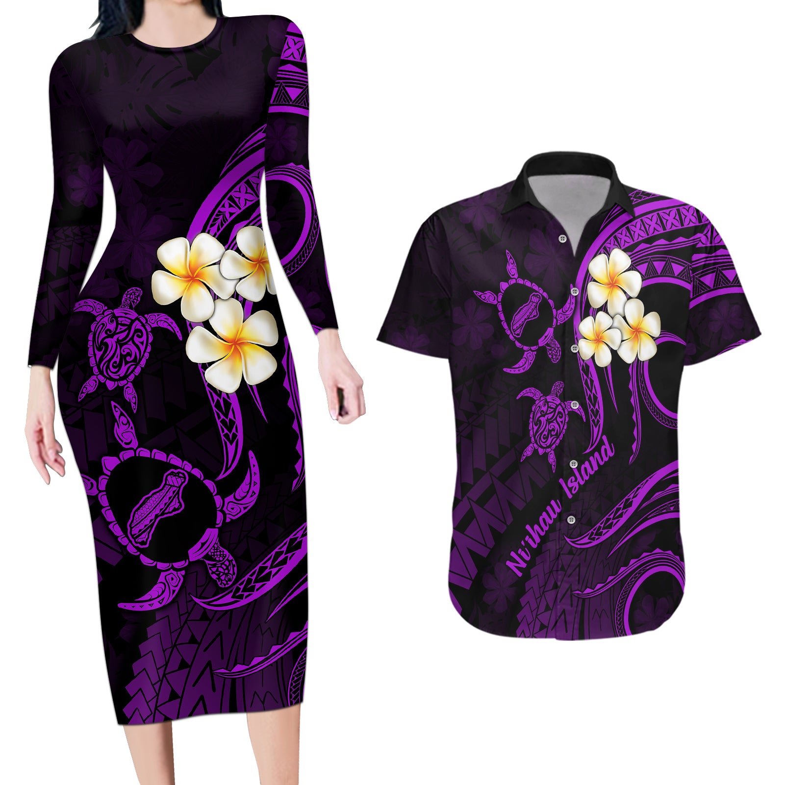 Polynesian Hawaii Couples Long Sleeve Bodycon Dress and Hawaiian Shirt Niihau Islands with Pacific Plumeria Purple Vibe LT9 Purple - Polynesian Pride