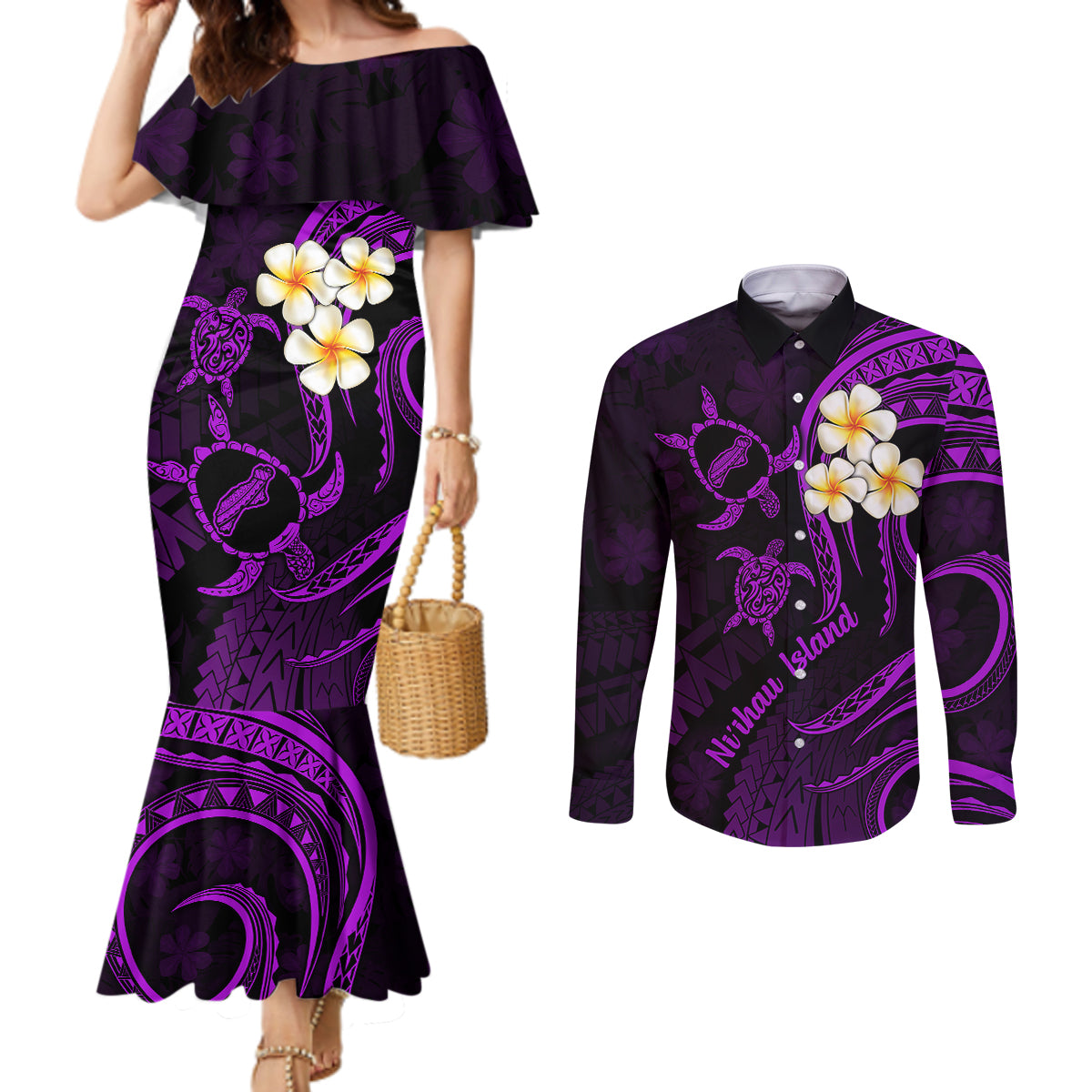 Polynesian Hawaii Couples Mermaid Dress and Long Sleeve Button Shirts Niihau Islands with Pacific Plumeria Purple Vibe LT9 Purple - Polynesian Pride