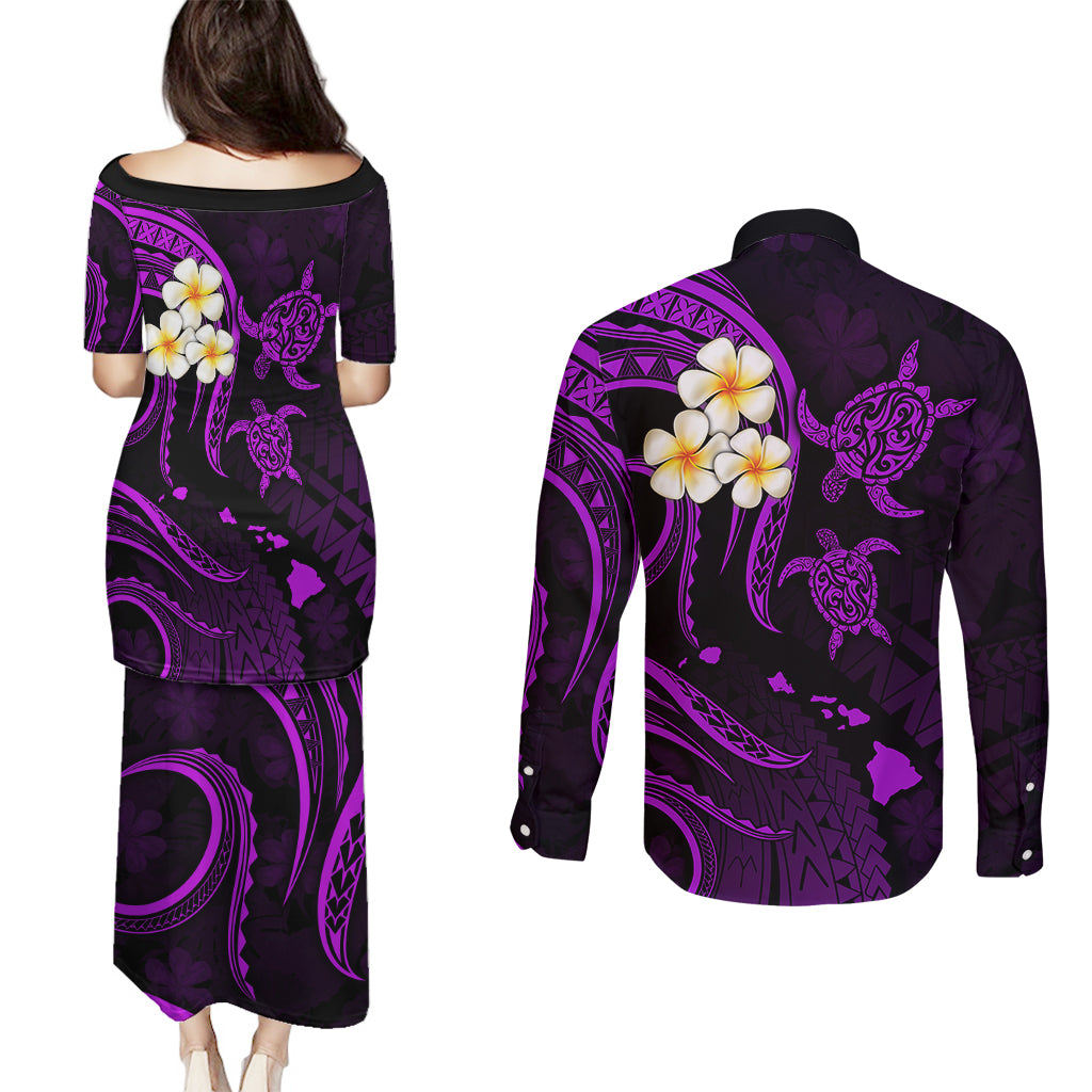 Polynesian Hawaii Couples Puletasi Dress and Long Sleeve Button Shirts Niihau Islands with Pacific Plumeria Purple Vibe LT9 - Polynesian Pride