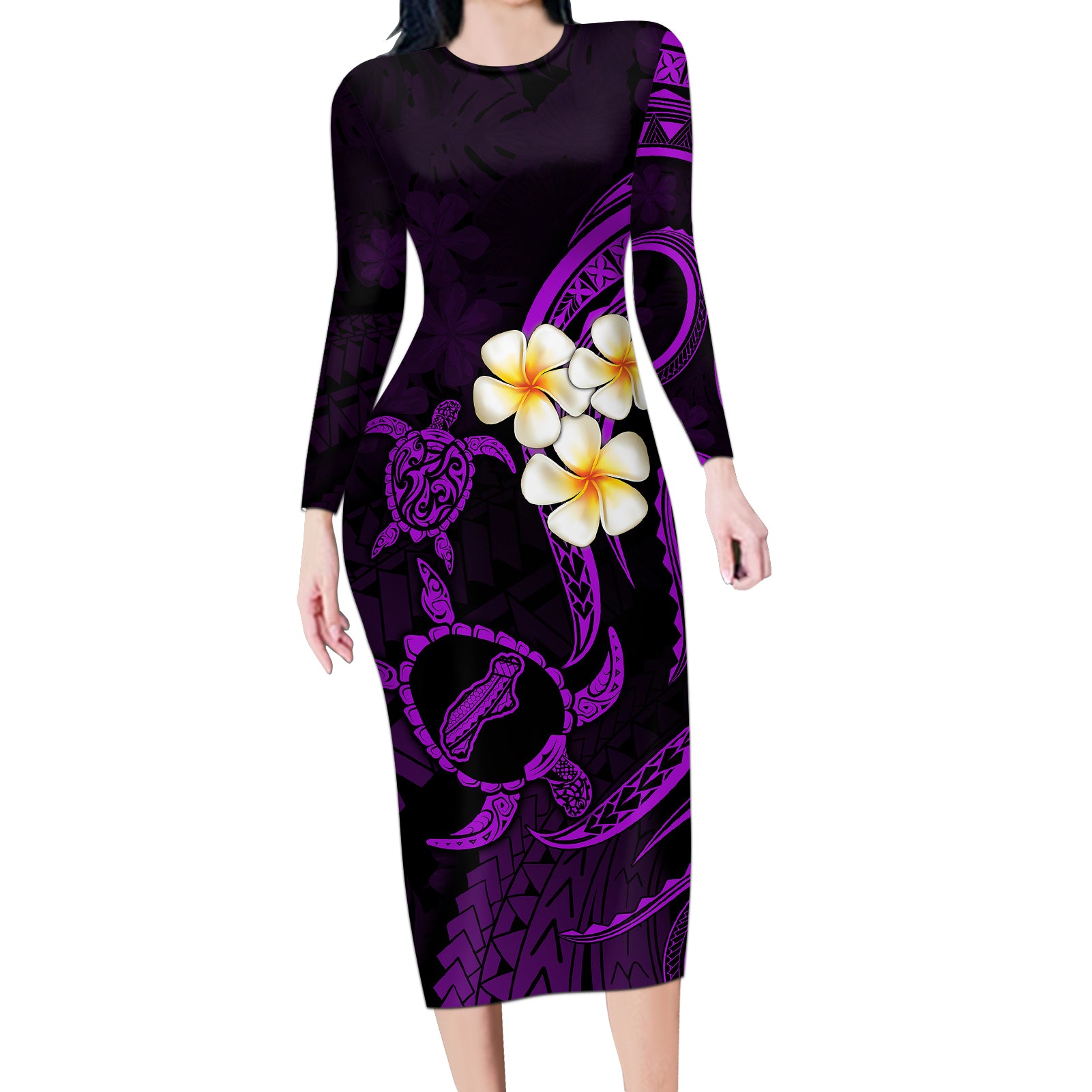 Polynesian Hawaii Long Sleeve Bodycon Dress Niihau Islands with Pacific Plumeria Purple Vibe LT9 Long Dress Purple - Polynesian Pride