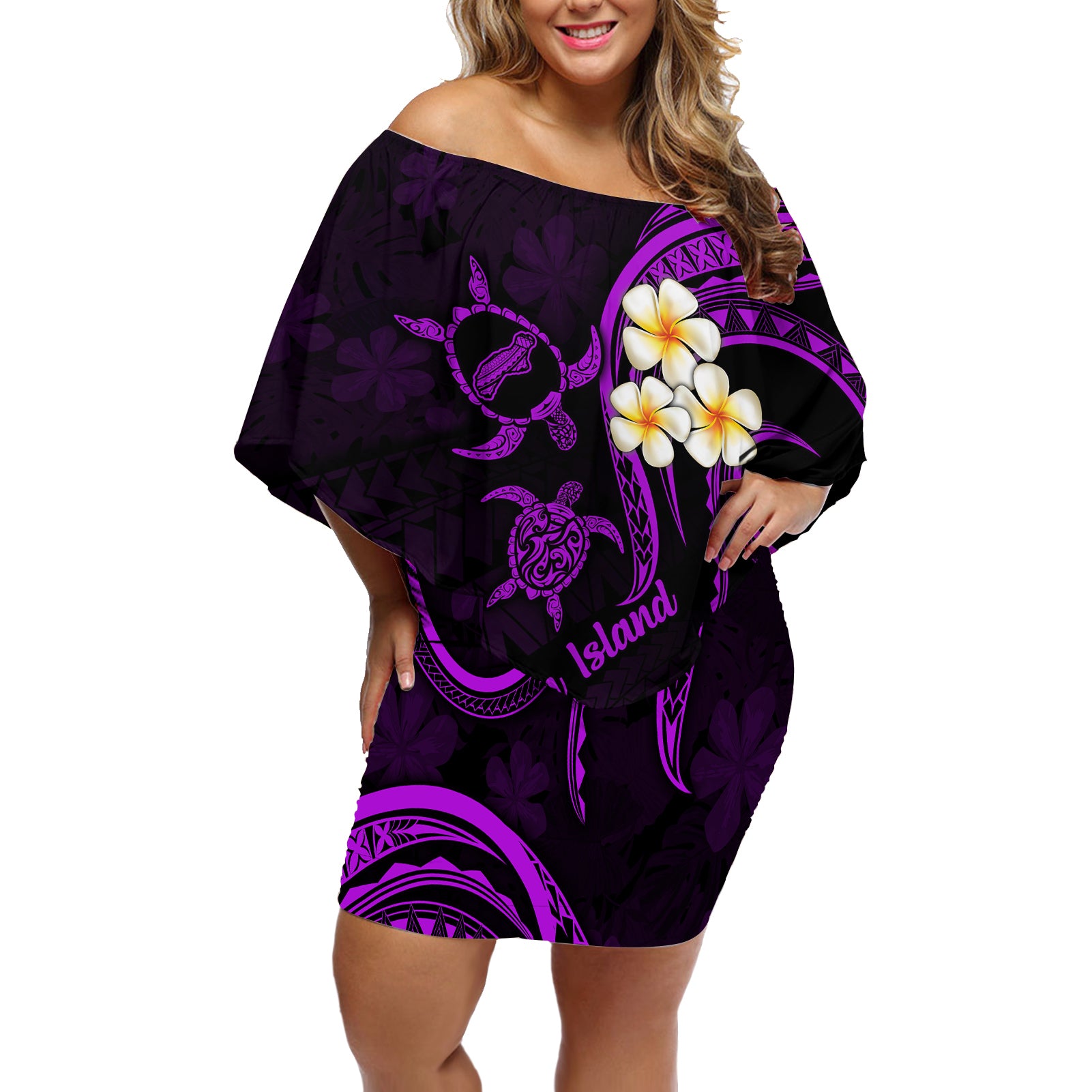 Polynesian Hawaii Off Shoulder Short Dress Niihau Islands with Pacific Plumeria Purple Vibe LT9 Women Purple - Polynesian Pride