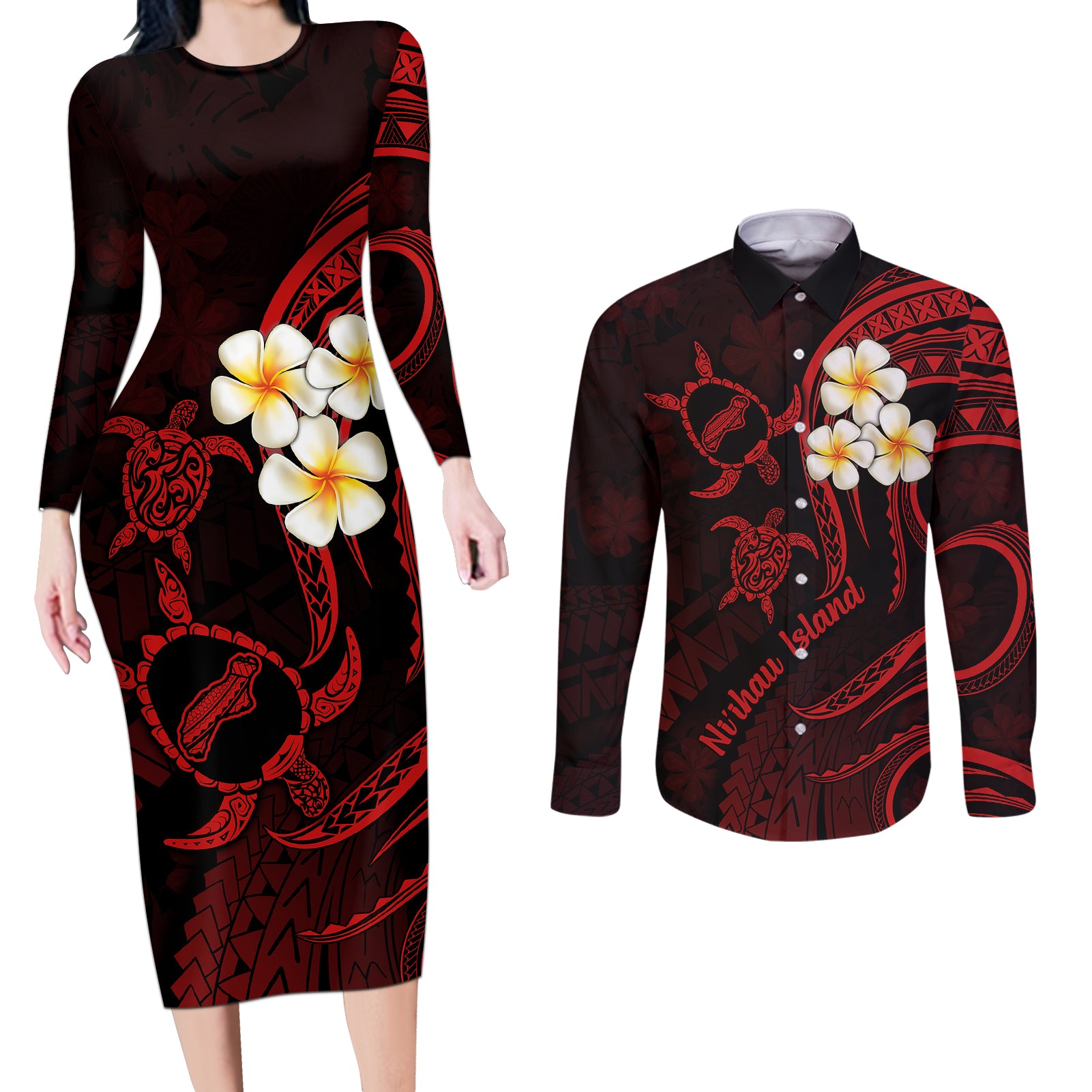 Polynesian Hawaii Couples Long Sleeve Bodycon Dress and Long Sleeve Button Shirts Niihau Islands with Pacific Plumeria Red Vibe LT9 Red - Polynesian Pride