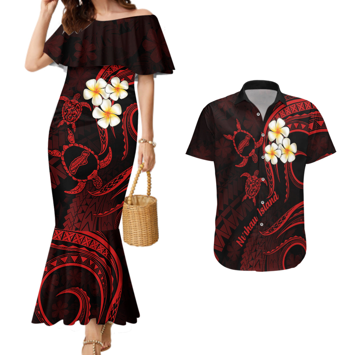 Polynesian Hawaii Couples Mermaid Dress And Hawaiian Shirt Niihau Islands with Pacific Plumeria Red Vibe LT9 Red - Polynesian Pride