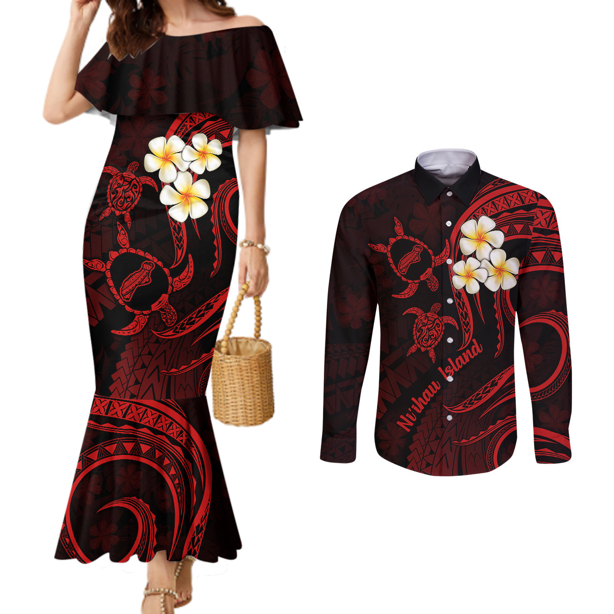 Polynesian Hawaii Couples Mermaid Dress and Long Sleeve Button Shirts Niihau Islands with Pacific Plumeria Red Vibe LT9 Red - Polynesian Pride