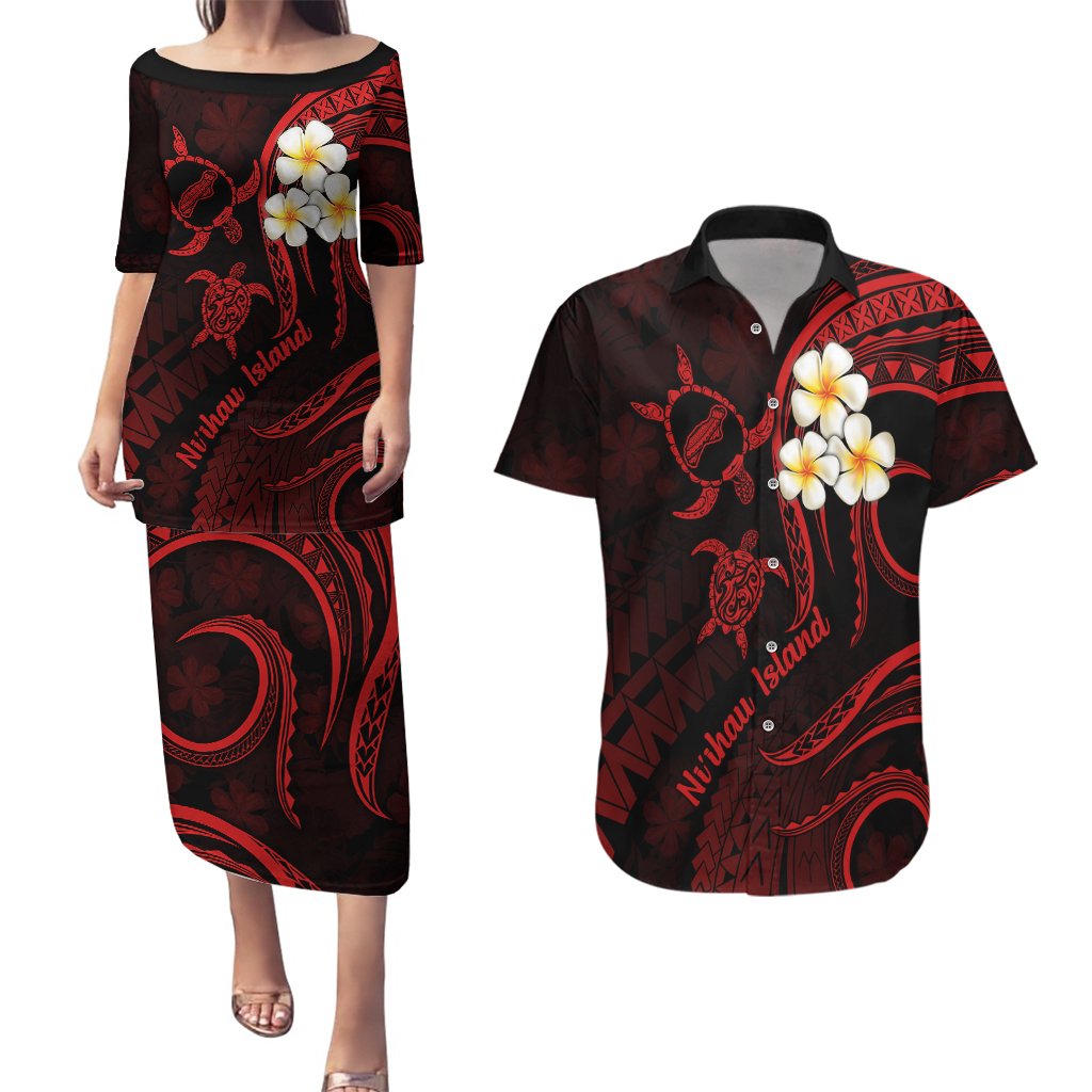 Polynesian Hawaii Couples Puletasi Dress and Hawaiian Shirt Niihau Islands with Pacific Plumeria Red Vibe LT9 Red - Polynesian Pride