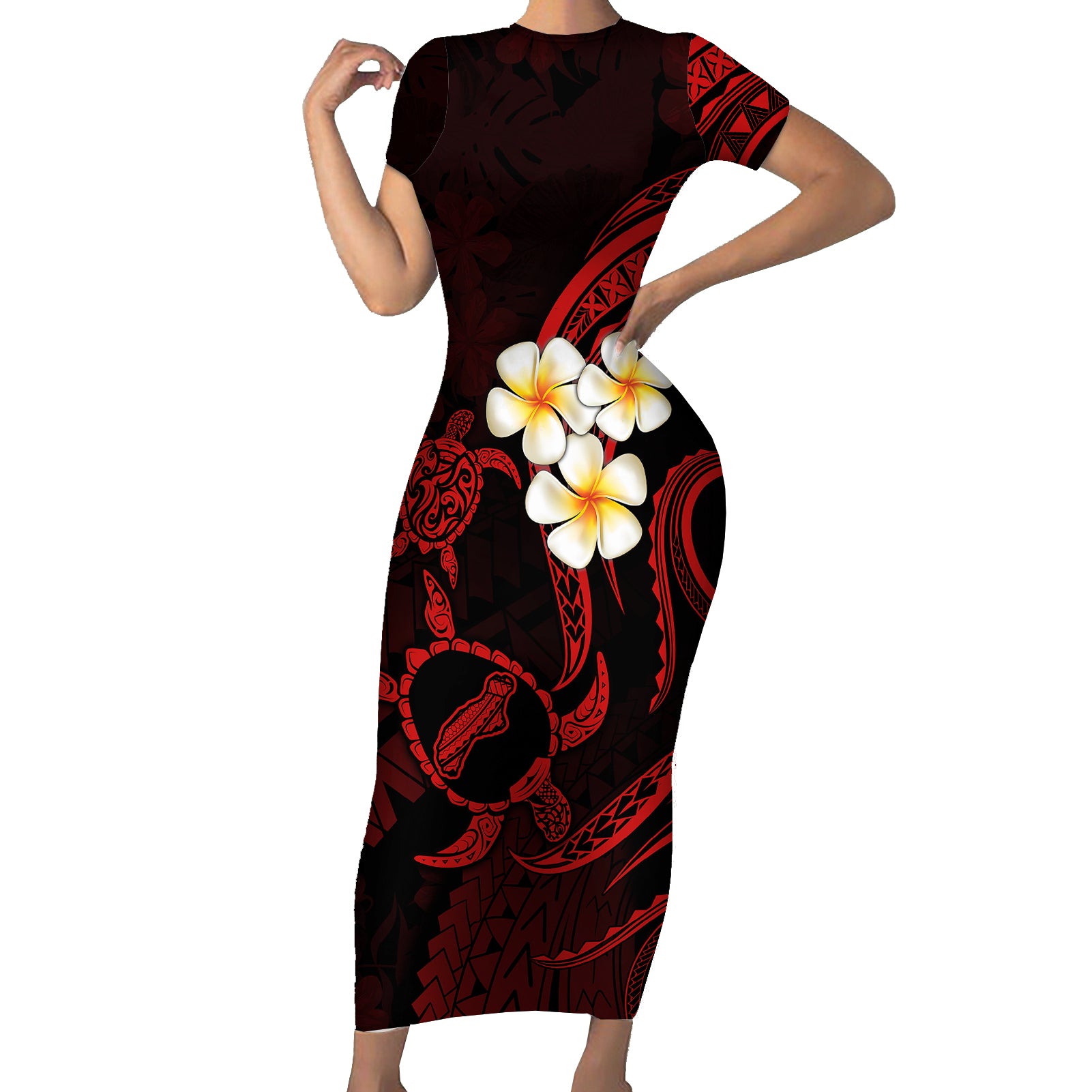 Polynesian Hawaii Short Sleeve Bodycon Dress Niihau Islands with Pacific Plumeria Red Vibe LT9 Long Dress Red - Polynesian Pride