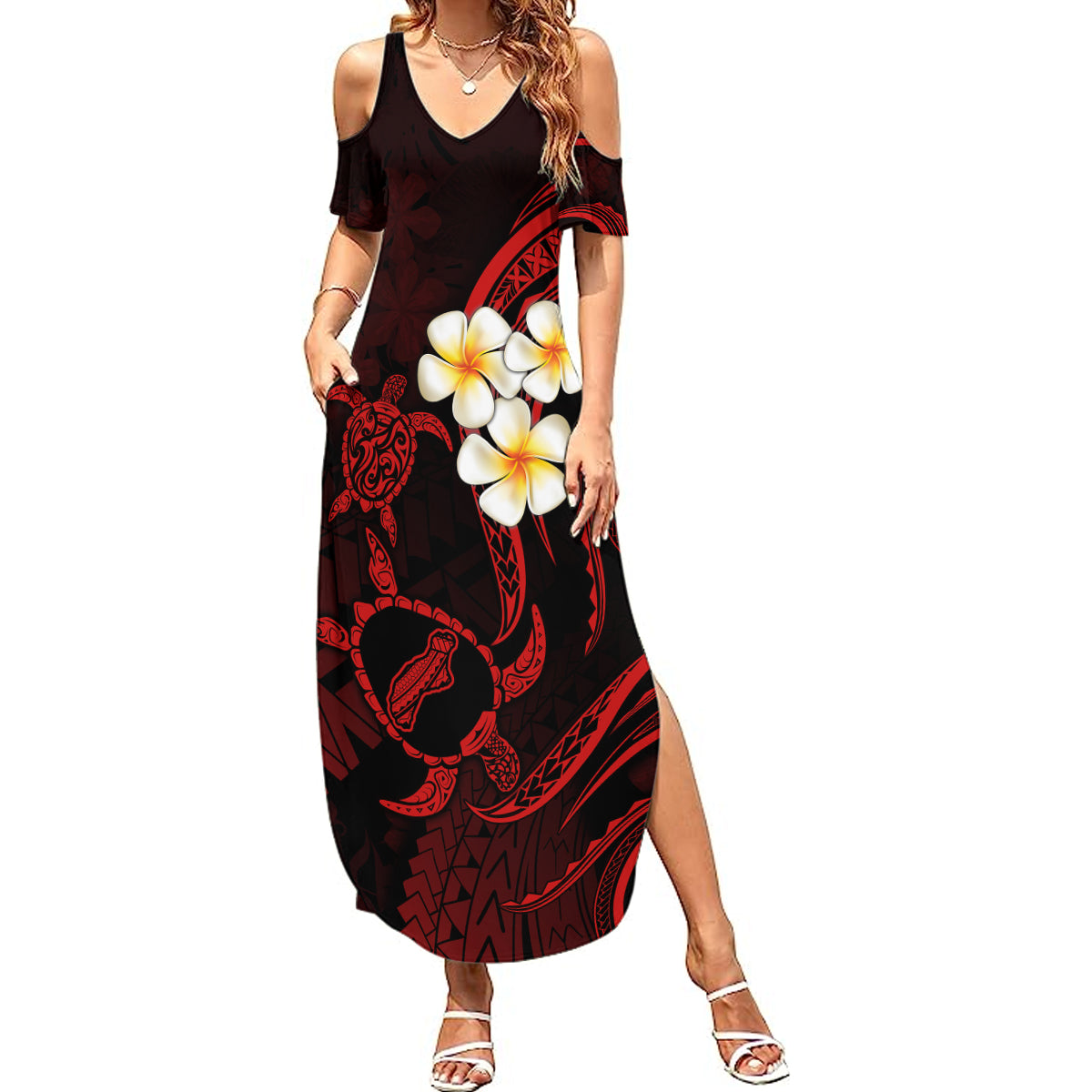 Polynesian Hawaii Summer Maxi Dress Niihau Islands with Pacific Plumeria Red Vibe LT9 Women Red - Polynesian Pride