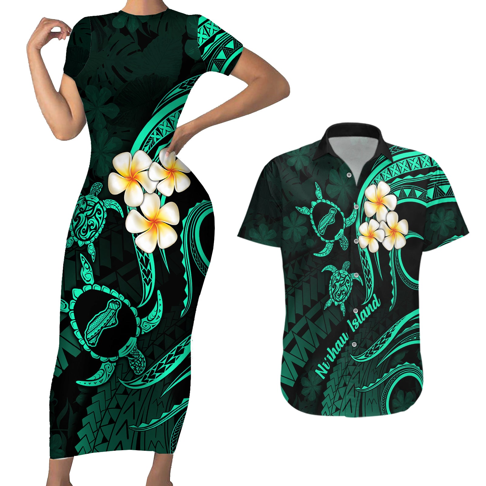 Polynesian Hawaii Couples Short Sleeve Bodycon Dress and Hawaiian Shirt Niihau Islands with Pacific Plumeria Turquoise Vibe LT9 Turquoise - Polynesian Pride