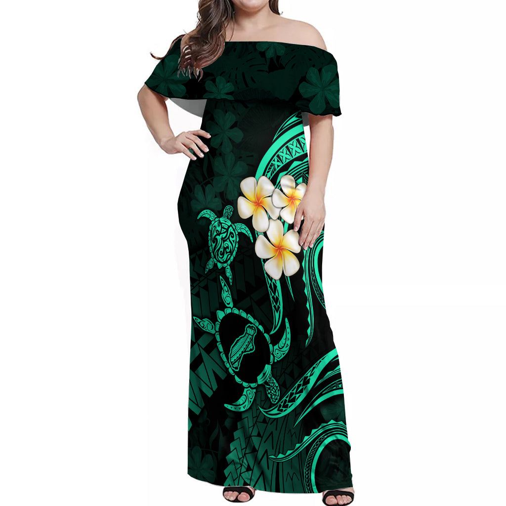 Polynesian Hawaii Off Shoulder Maxi Dress Niihau Islands with Pacific Plumeria Turquoise Vibe LT9 Women Turquoise - Polynesian Pride