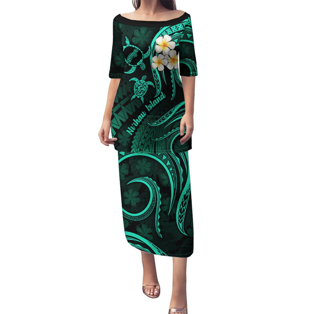 Polynesian Hawaii Puletasi Niihau Islands with Pacific Plumeria Turquoise Vibe LT9 Long Dress Turquoise - Polynesian Pride