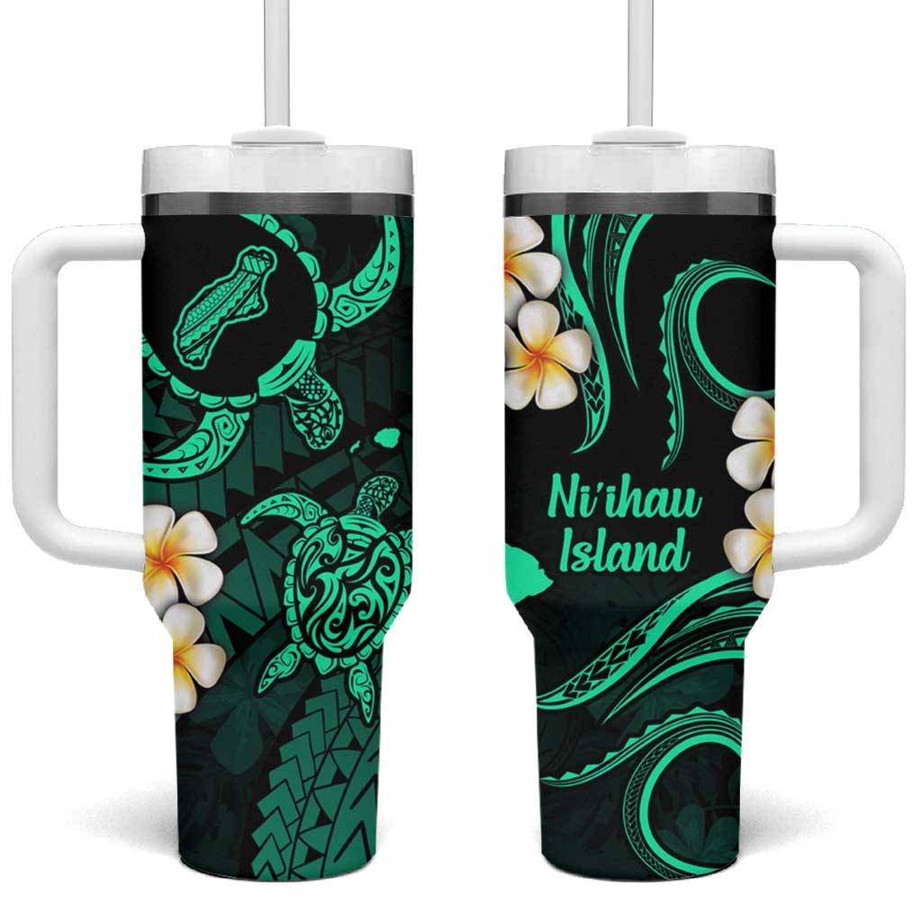 Hawaii Ni'ihau Islands Pacific Plumeria Tumbler With Handle Turquoise Polynesian Tattoo