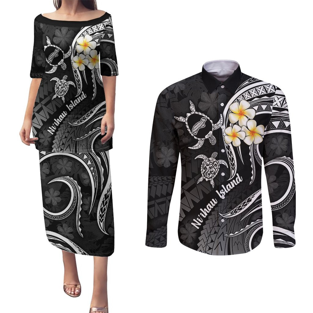 Polynesian Hawaii Couples Puletasi Dress and Long Sleeve Button Shirts Niihau Islands with Pacific Plumeria White Vibe LT9 White - Polynesian Pride