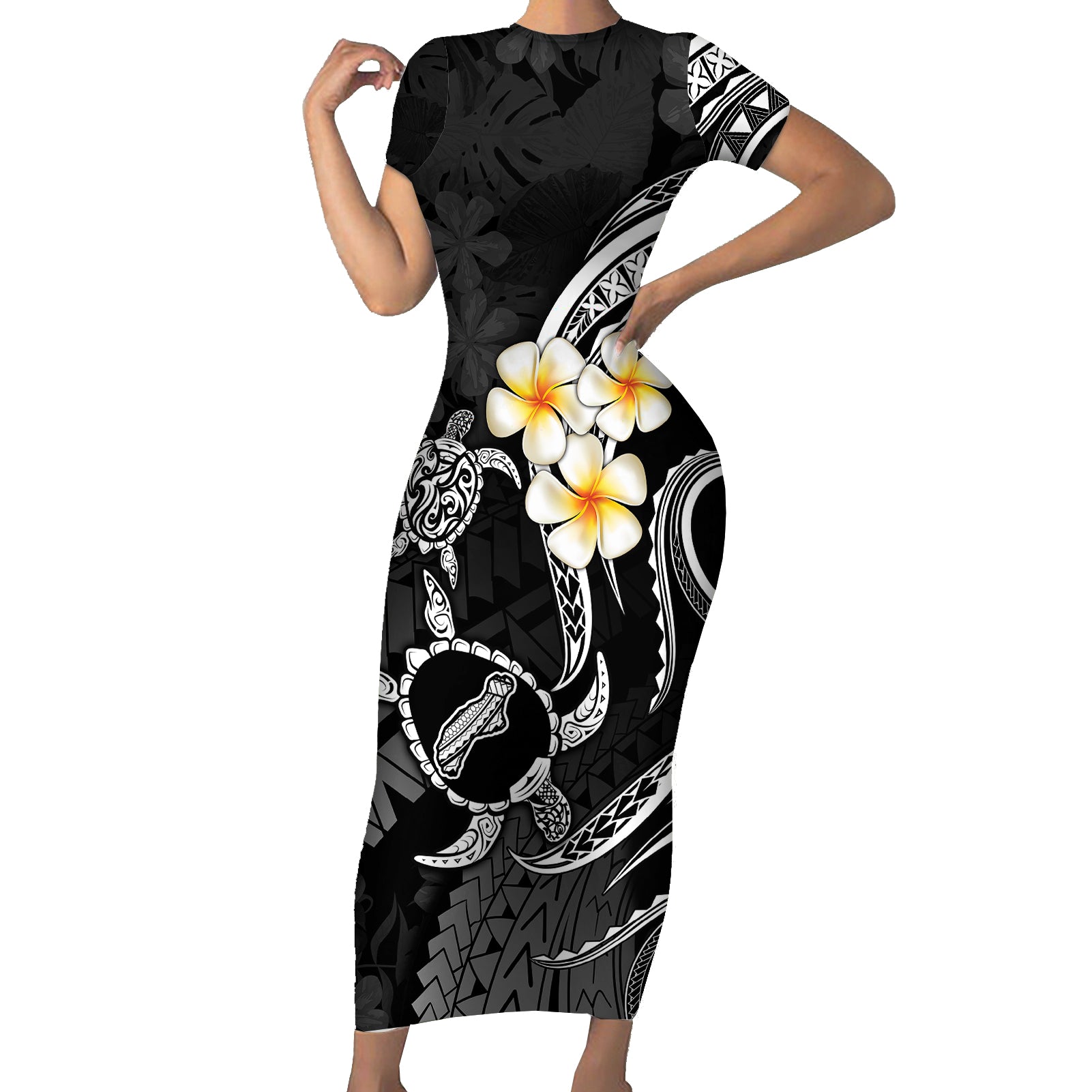 Polynesian Hawaii Short Sleeve Bodycon Dress Niihau Islands with Pacific Plumeria White Vibe LT9 Long Dress White - Polynesian Pride