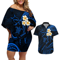 Hawaii Couples Off Shoulder Short Dress and Hawaiian Shirt Molokai Islands Polynesian Sunset Plumeria Blue Vibe LT9 Blue - Polynesian Pride
