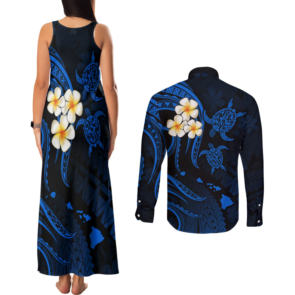 Hawaii Couples Matching Tank Maxi Dress and Long Sleeve Button Shirts Molokai Islands Polynesian Sunset Plumeria Blue Vibe LT9 - Polynesian Pride
