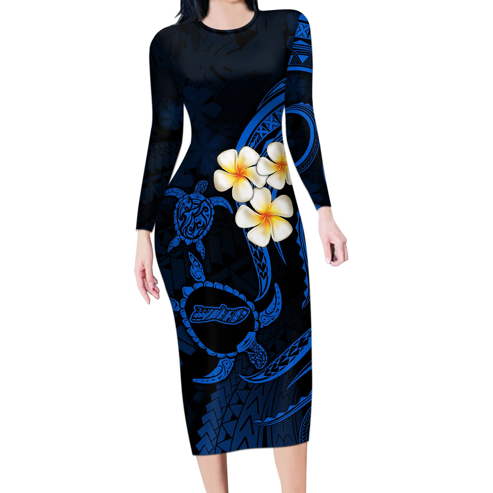 Hawaii Long Sleeve Bodycon Dress Molokai Islands Polynesian Sunset Plumeria Blue Vibe LT9 Long Dress Blue - Polynesian Pride