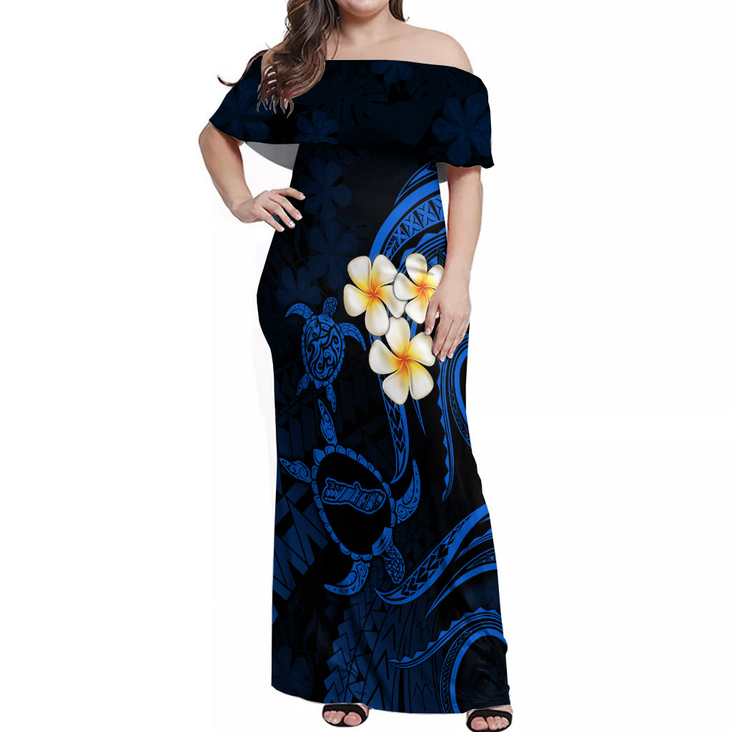 Hawaii Off Shoulder Maxi Dress Molokai Islands Polynesian Sunset Plumeria Blue Vibe LT9 Women Blue - Polynesian Pride