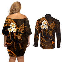 Hawaii Couples Off Shoulder Short Dress and Long Sleeve Button Shirts Molokai Islands Polynesian Sunset Plumeria Gold Vibe LT9 - Polynesian Pride