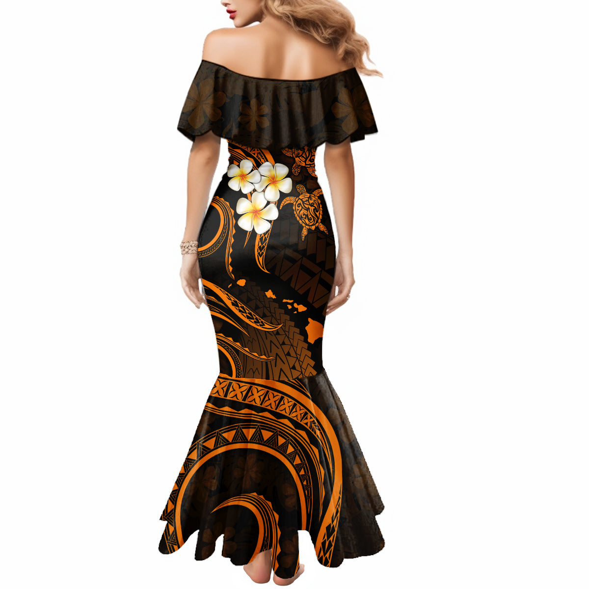 Hawaii Mermaid Dress Molokai Islands Polynesian Sunset Plumeria Gold Vibe LT9 - Polynesian Pride