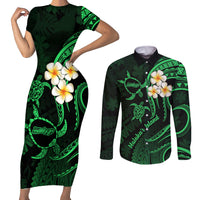 Hawaii Couples Short Sleeve Bodycon Dress and Long Sleeve Button Shirts Molokai Islands Polynesian Sunset Plumeria Green Vibe LT9 Green - Polynesian Pride