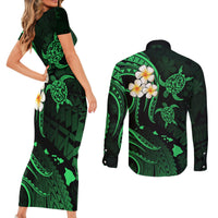 Hawaii Couples Short Sleeve Bodycon Dress and Long Sleeve Button Shirts Molokai Islands Polynesian Sunset Plumeria Green Vibe LT9 - Polynesian Pride