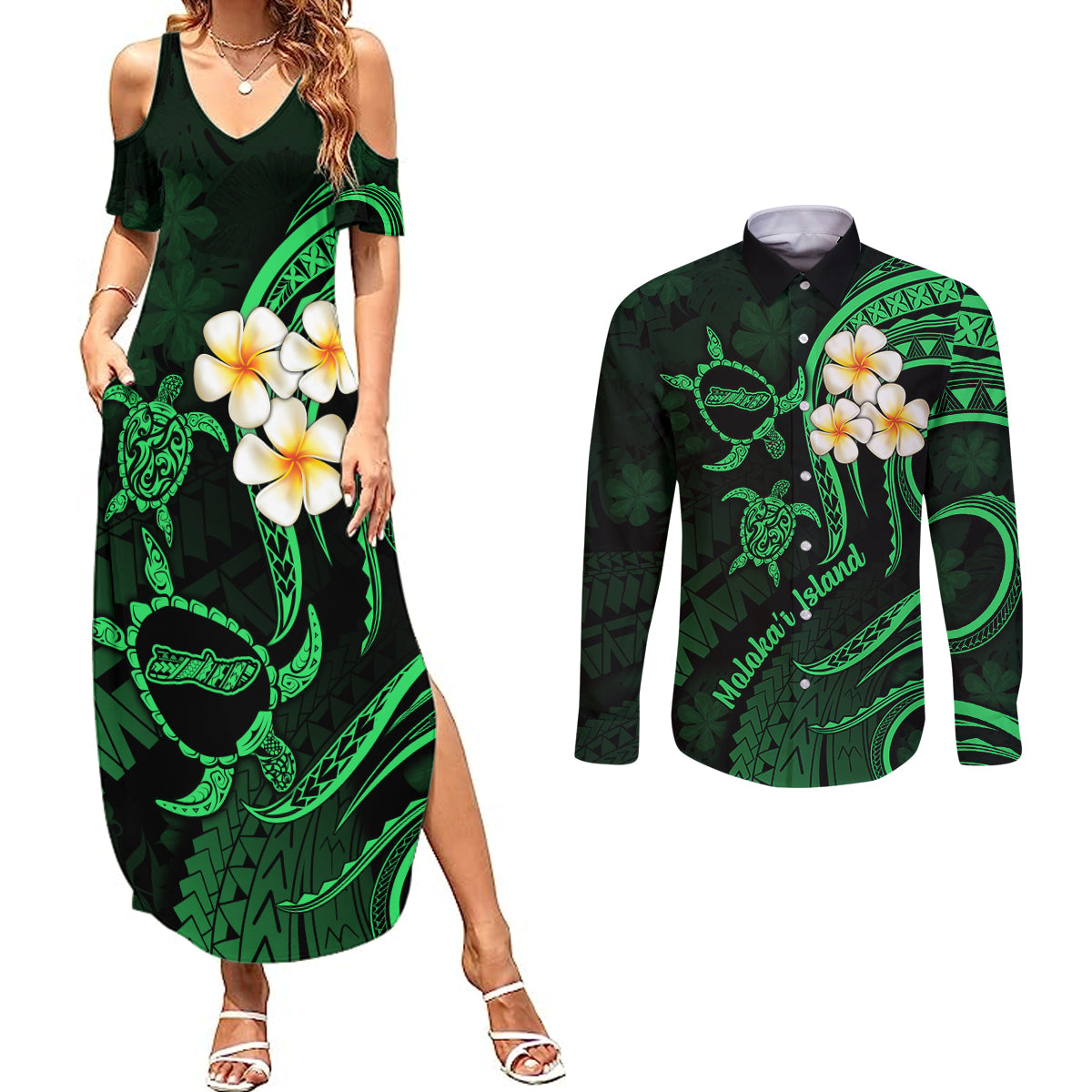 Hawaii Couples Summer Maxi Dress and Long Sleeve Button Shirts Molokai Islands Polynesian Sunset Plumeria Green Vibe LT9 Green - Polynesian Pride