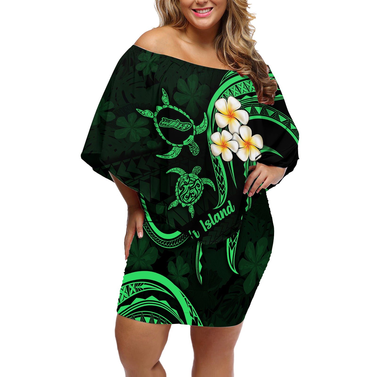 Hawaii Off Shoulder Short Dress Molokai Islands Polynesian Sunset Plumeria Green Vibe LT9 Women Green - Polynesian Pride