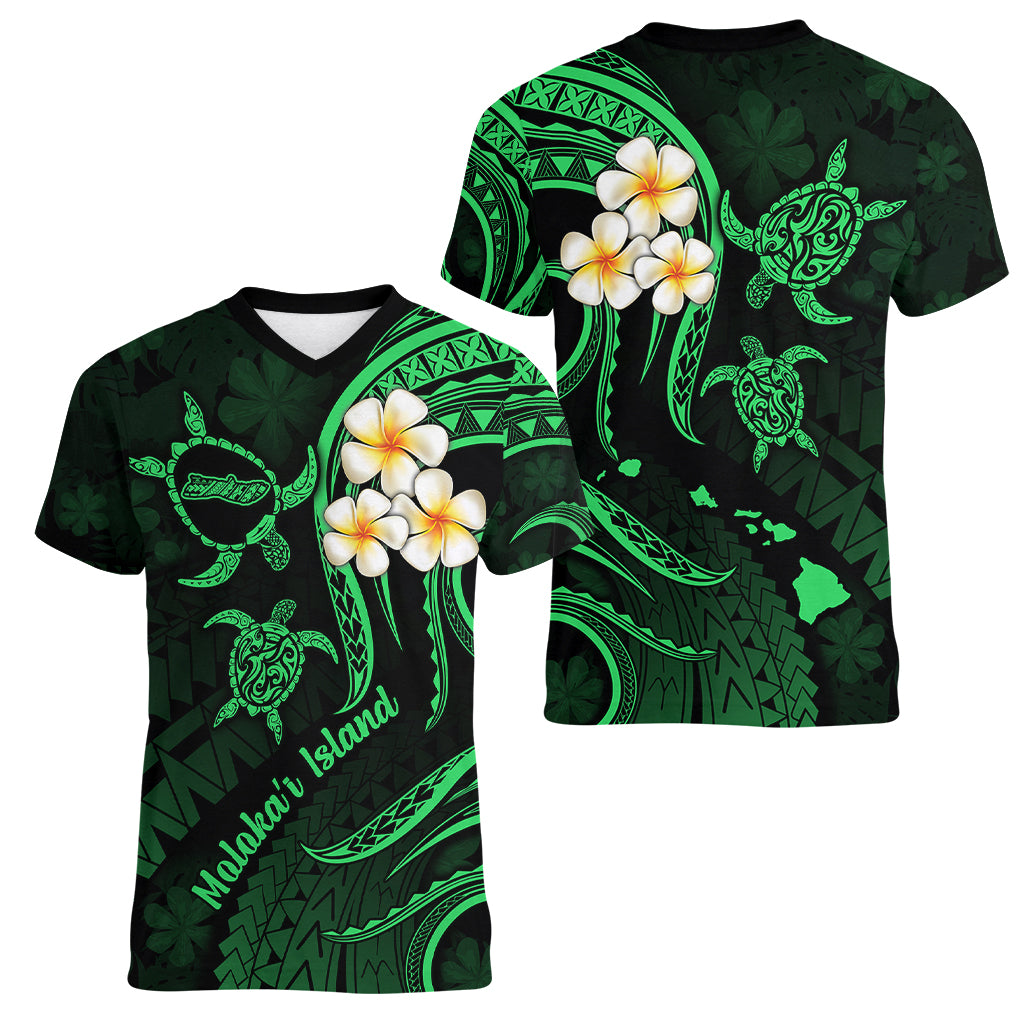 Hawaii Women V Neck T Shirt Molokai Islands Polynesian Sunset Plumeria Green Vibe LT9 - Polynesian Pride