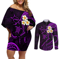 Polynesian Hawaii Couples Off Shoulder Short Dress and Long Sleeve Button Shirts Molokai Islands with Pacific Plumeria Purple Vibe LT9 Purple - Polynesian Pride