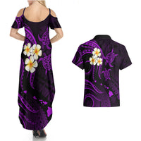 Polynesian Hawaii Couples Summer Maxi Dress and Hawaiian Shirt Molokai Islands with Pacific Plumeria Purple Vibe LT9 - Polynesian Pride