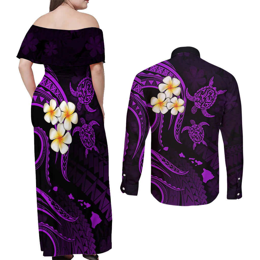 Polynesian Hawaii Couples Off Shoulder Maxi Dress and Long Sleeve Button Shirts Molokai Islands with Pacific Plumeria Purple Vibe LT9 - Polynesian Pride