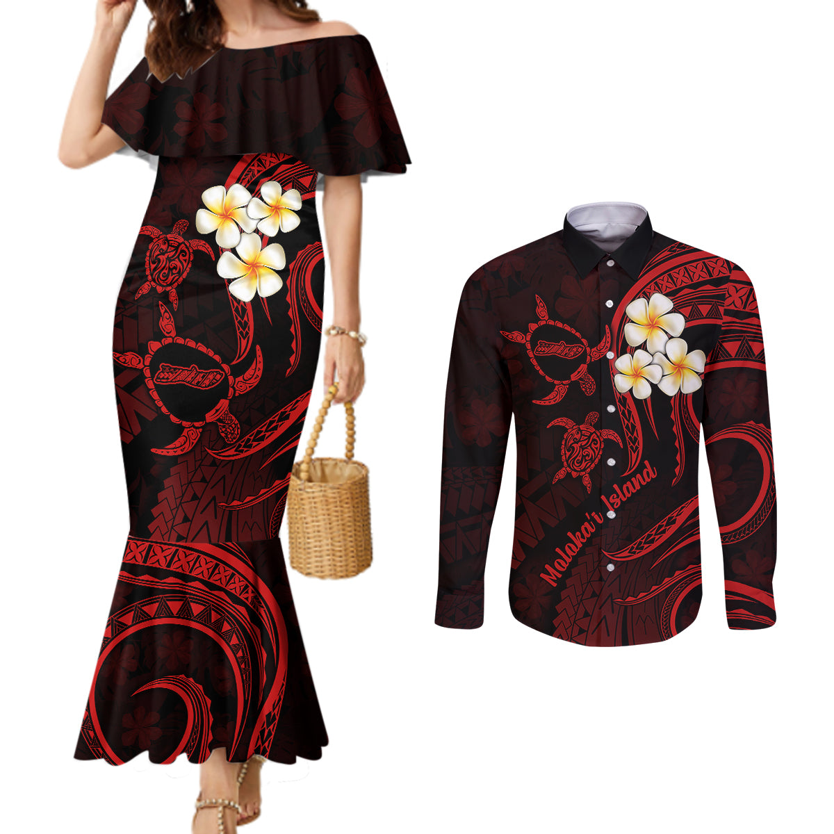 Polynesian Hawaii Couples Mermaid Dress and Long Sleeve Button Shirts Molokai Islands with Pacific Plumeria Red Vibe LT9 Red - Polynesian Pride