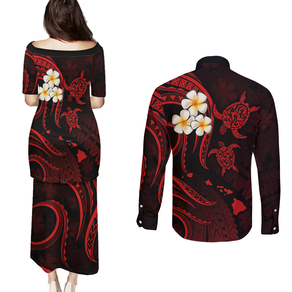 Polynesian Hawaii Couples Puletasi Dress and Long Sleeve Button Shirts Molokai Islands with Pacific Plumeria Red Vibe LT9 - Polynesian Pride