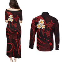 Polynesian Hawaii Couples Puletasi Dress and Long Sleeve Button Shirts Molokai Islands with Pacific Plumeria Red Vibe LT9 - Polynesian Pride