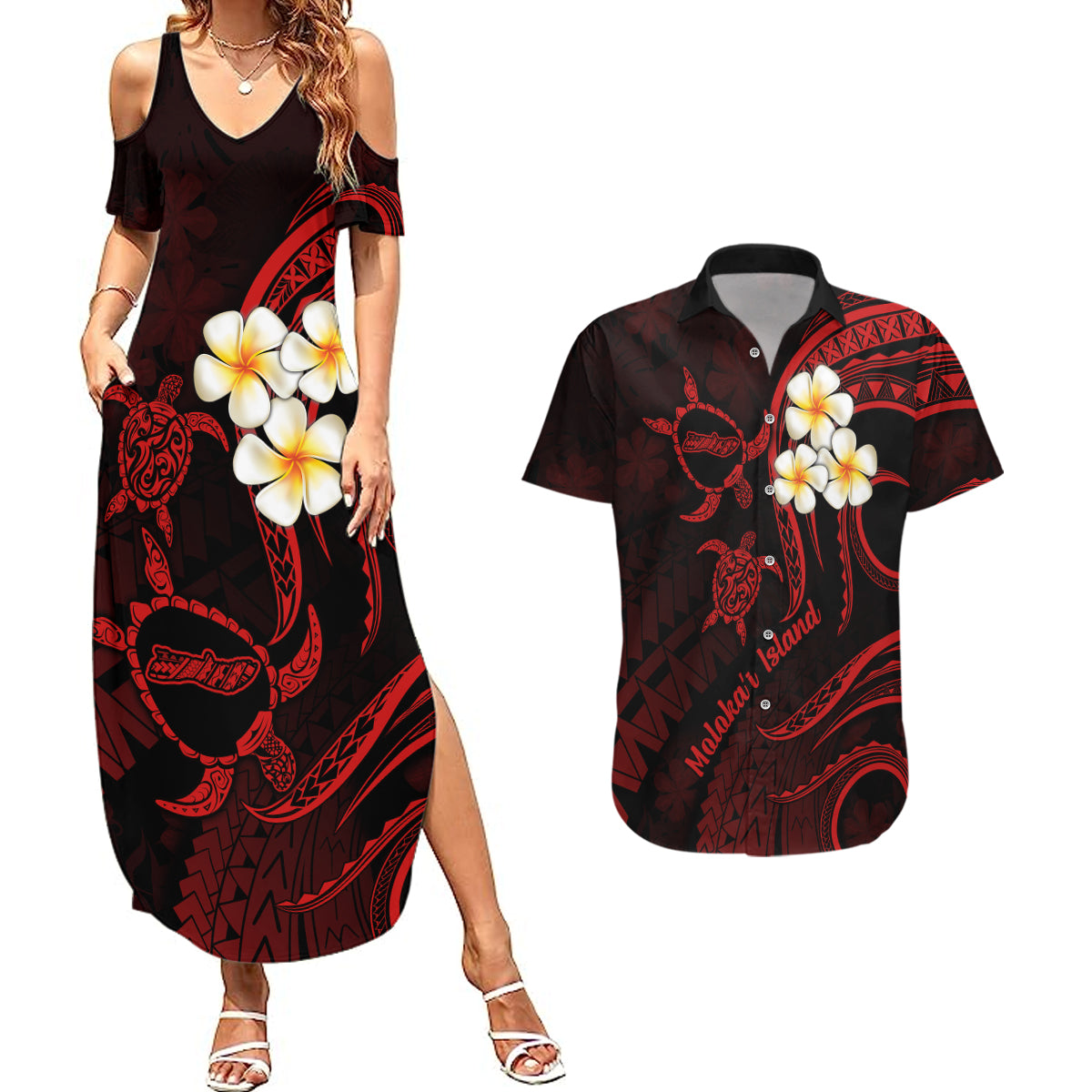 Polynesian Hawaii Couples Summer Maxi Dress and Hawaiian Shirt Molokai Islands with Pacific Plumeria Red Vibe LT9 Red - Polynesian Pride