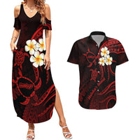 Polynesian Hawaii Couples Summer Maxi Dress and Hawaiian Shirt Molokai Islands with Pacific Plumeria Red Vibe LT9 Red - Polynesian Pride