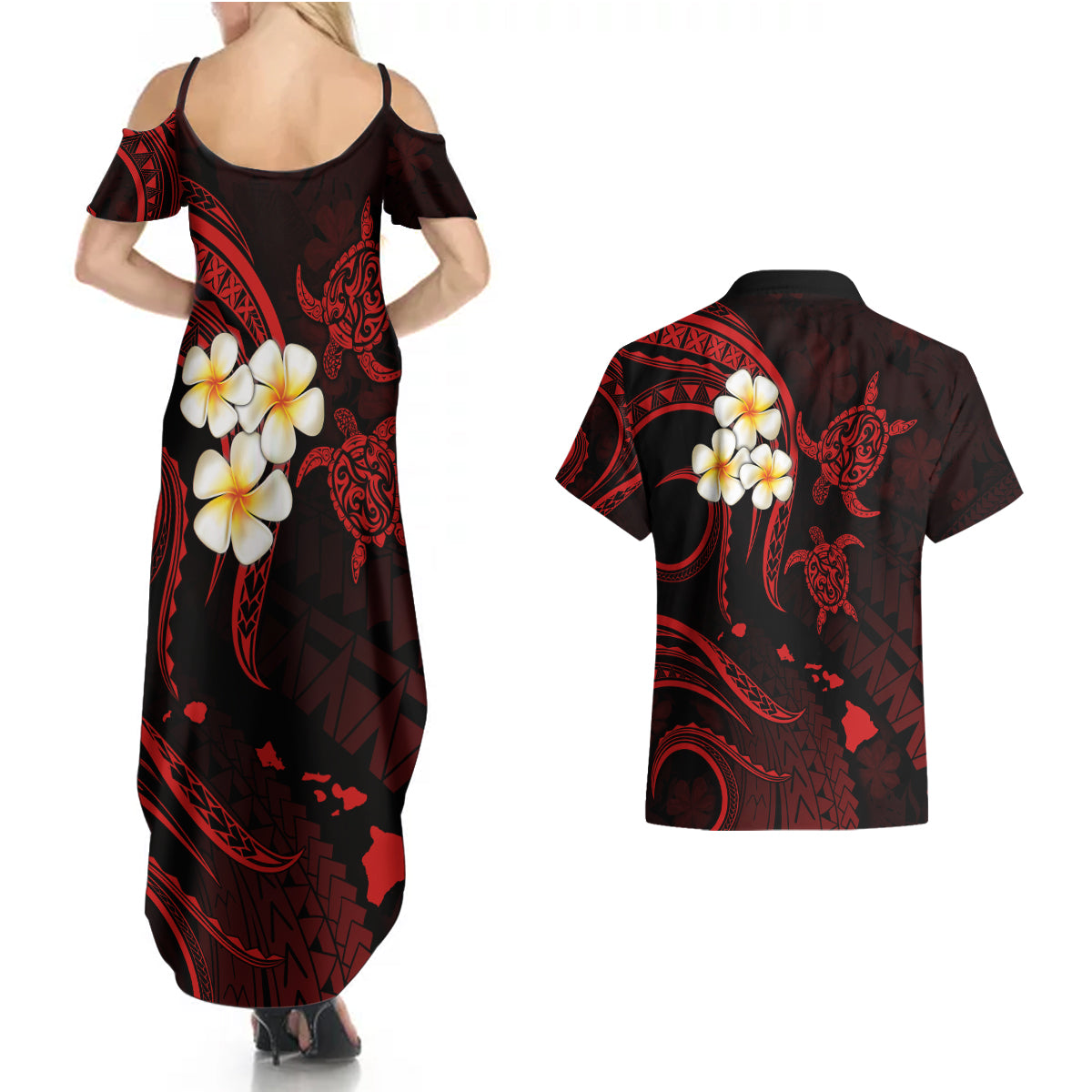 Polynesian Hawaii Couples Summer Maxi Dress and Hawaiian Shirt Molokai Islands with Pacific Plumeria Red Vibe LT9 - Polynesian Pride