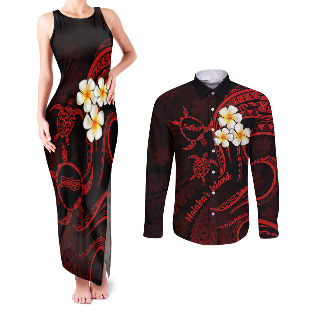 Polynesian Hawaii Couples Matching Tank Maxi Dress and Long Sleeve Button Shirts Molokai Islands with Pacific Plumeria Red Vibe LT9 Red - Polynesian Pride
