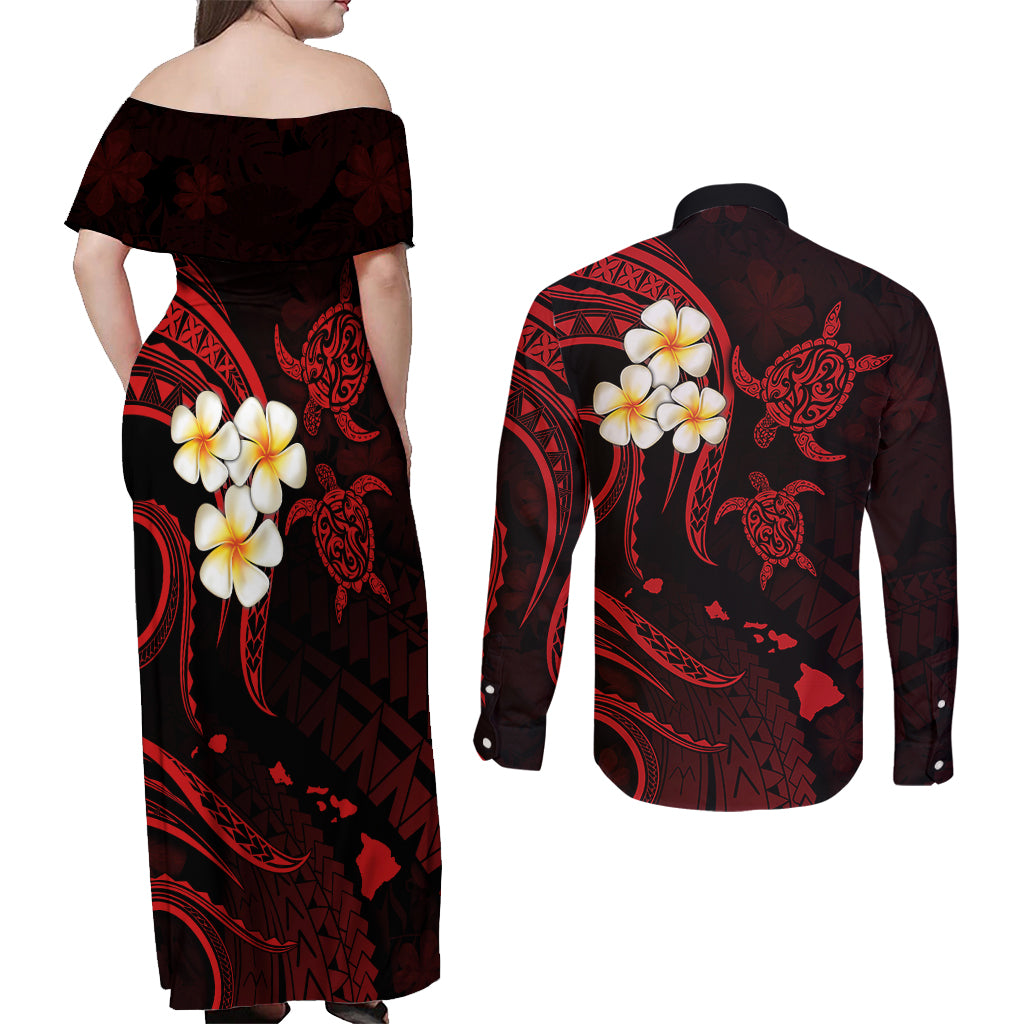 Polynesian Hawaii Couples Off Shoulder Maxi Dress and Long Sleeve Button Shirts Molokai Islands with Pacific Plumeria Red Vibe LT9 - Polynesian Pride