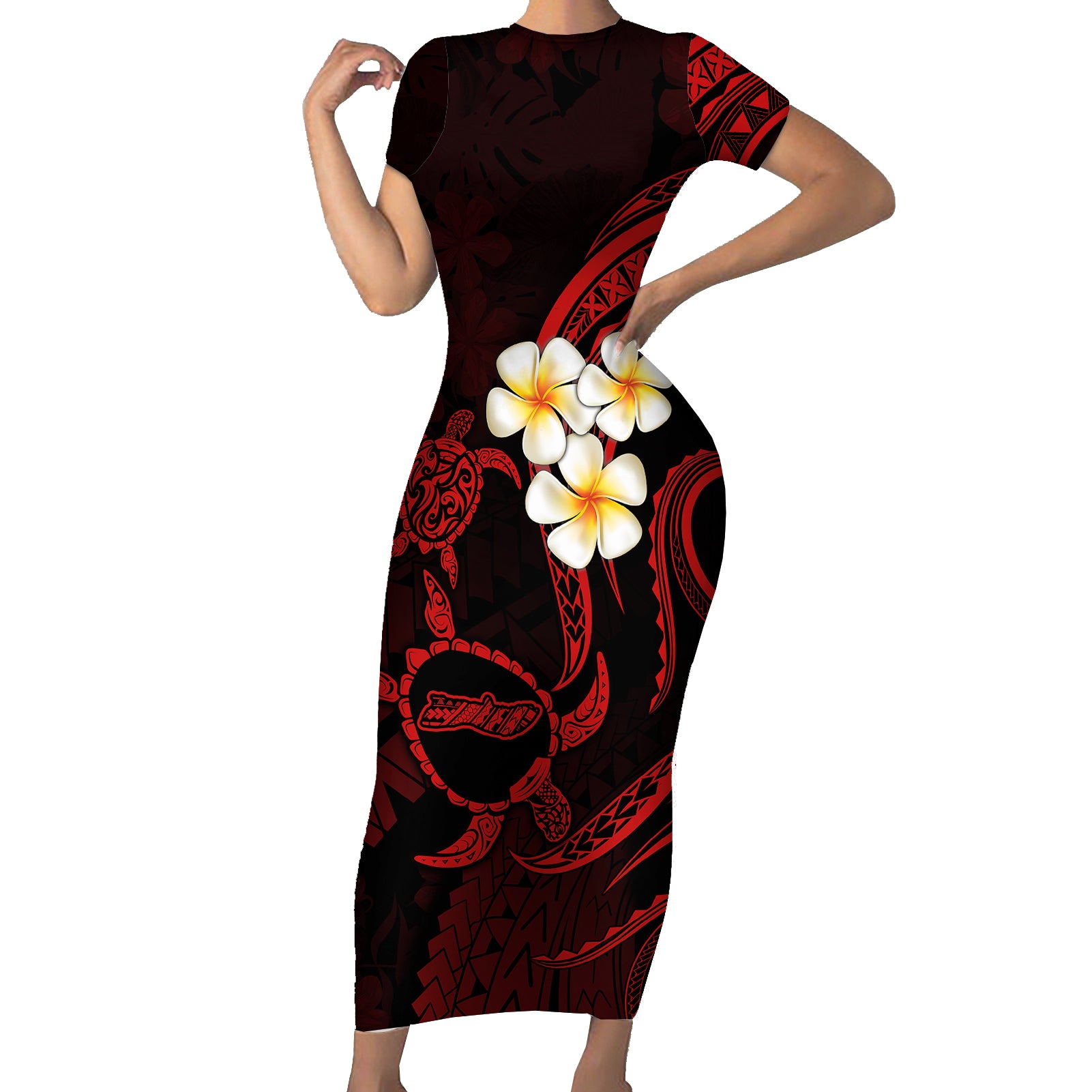 Polynesian Hawaii Short Sleeve Bodycon Dress Molokai Islands with Pacific Plumeria Red Vibe LT9 Long Dress Red - Polynesian Pride