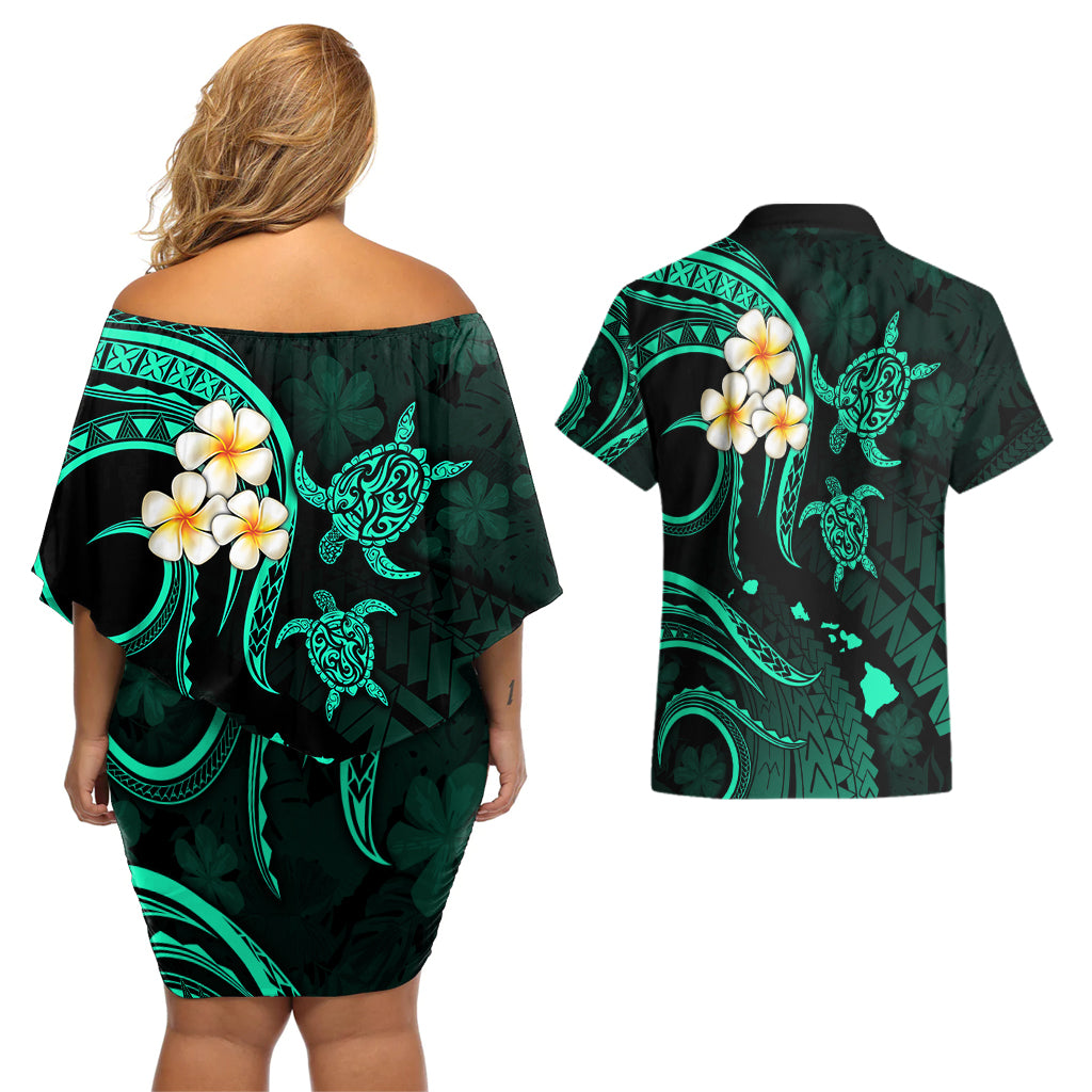 Polynesian Hawaii Couples Off Shoulder Short Dress and Hawaiian Shirt Molokai Islands with Pacific Plumeria Turquoise Vibe LT9 - Polynesian Pride