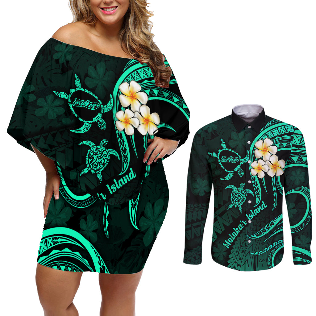 Polynesian Hawaii Couples Off Shoulder Short Dress and Long Sleeve Button Shirts Molokai Islands with Pacific Plumeria Turquoise Vibe LT9 Turquoise - Polynesian Pride