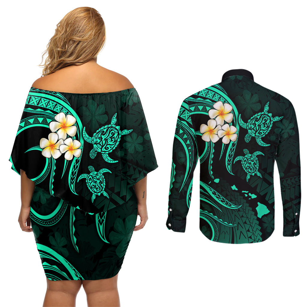 Polynesian Hawaii Couples Off Shoulder Short Dress and Long Sleeve Button Shirts Molokai Islands with Pacific Plumeria Turquoise Vibe LT9 - Polynesian Pride