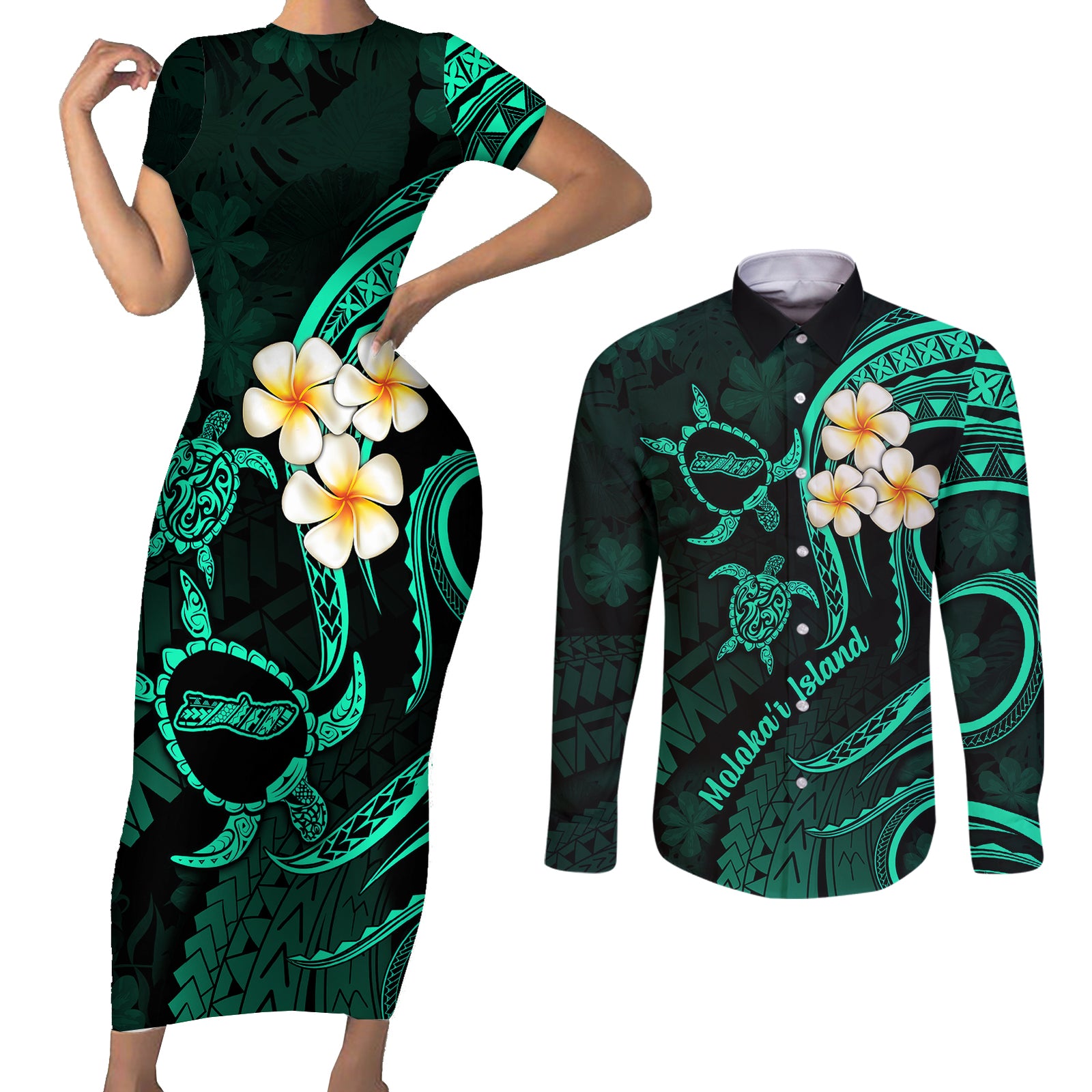 Polynesian Hawaii Couples Short Sleeve Bodycon Dress and Long Sleeve Button Shirts Molokai Islands with Pacific Plumeria Turquoise Vibe LT9 Turquoise - Polynesian Pride