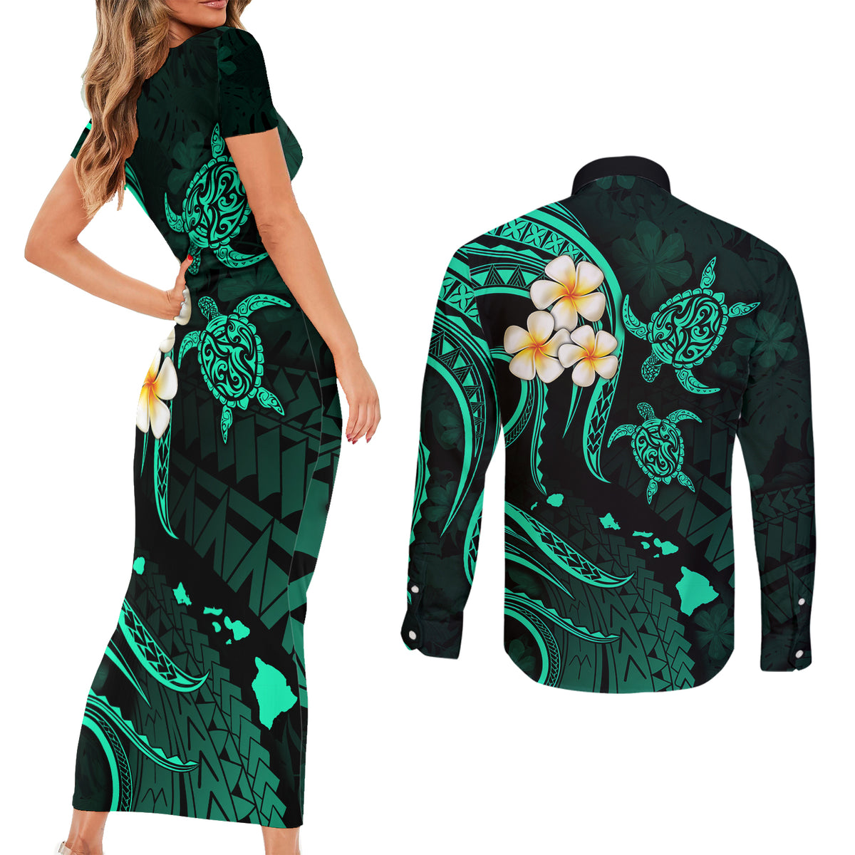 Polynesian Hawaii Couples Short Sleeve Bodycon Dress and Long Sleeve Button Shirts Molokai Islands with Pacific Plumeria Turquoise Vibe LT9 - Polynesian Pride