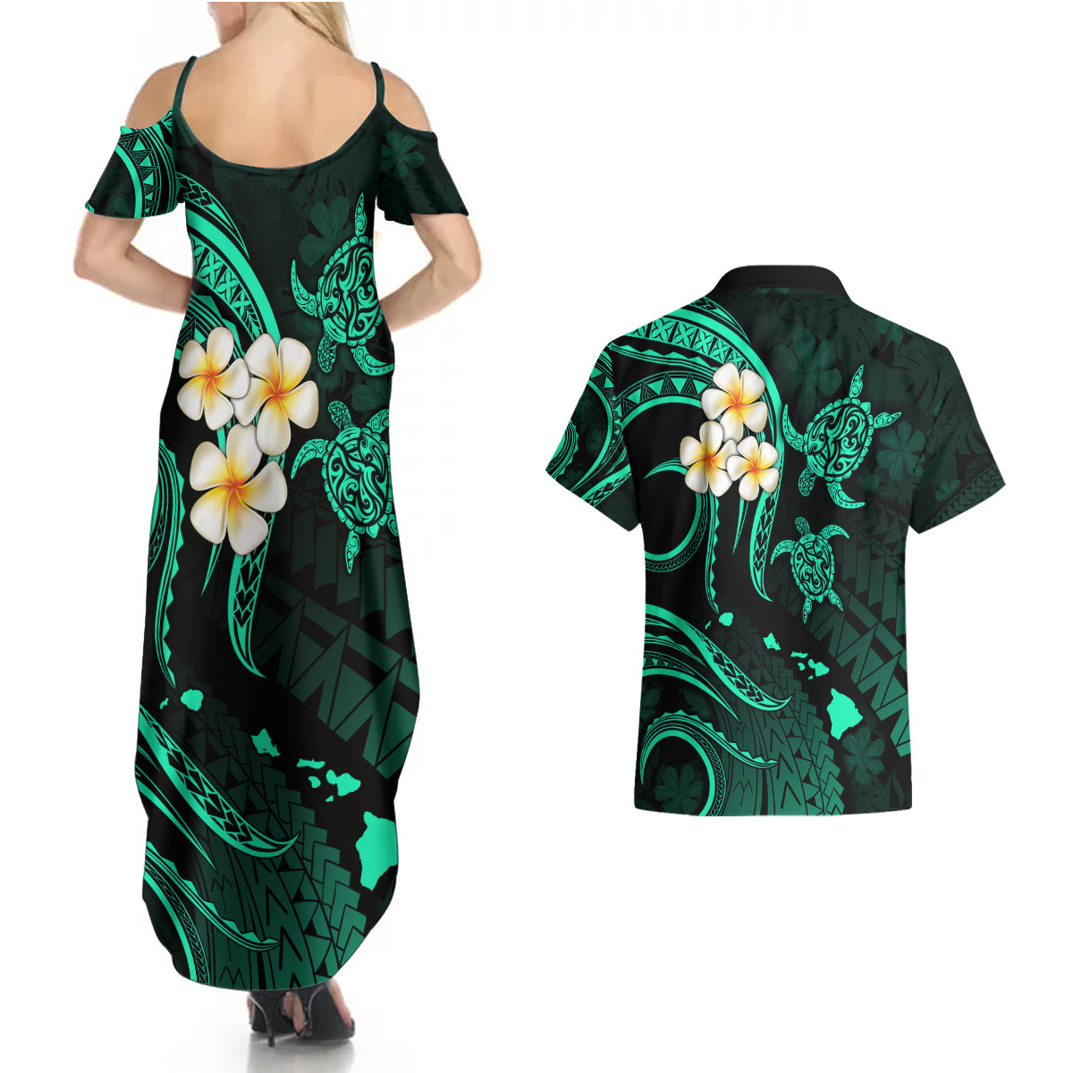 Polynesian Hawaii Couples Summer Maxi Dress and Hawaiian Shirt Molokai Islands with Pacific Plumeria Turquoise Vibe LT9 - Polynesian Pride